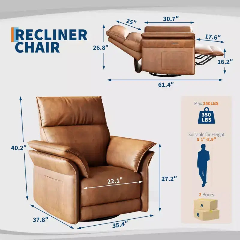 Sillón Reclinable, Silla Mecedora Giratoria 360° para Guardería con Apoyabrazos Acolchados y Asiento Profundo, Sillón Reclinable Tapizado en Cuero PU