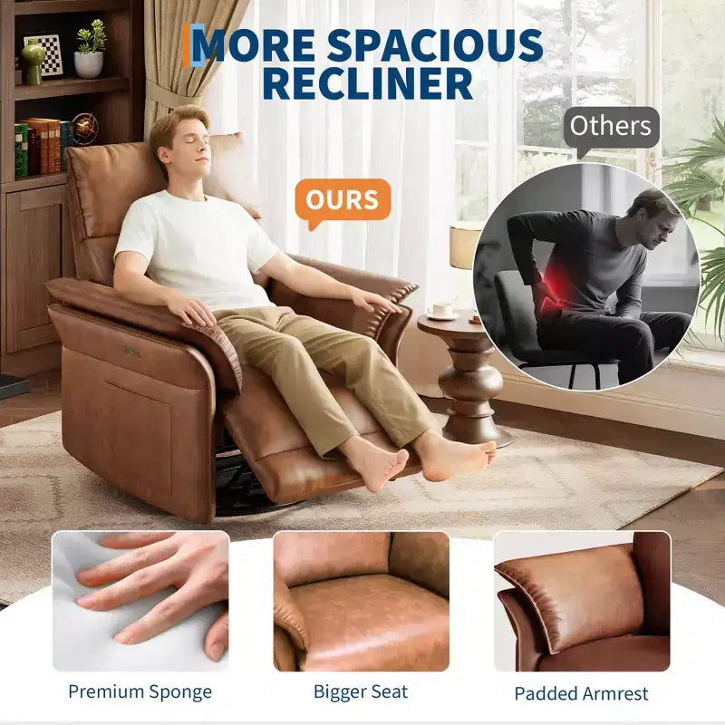 Sillón Reclinable, Silla Mecedora Giratoria 360° para Guardería con Apoyabrazos Acolchados y Asiento Profundo, Sillón Reclinable Tapizado en Cuero PU
