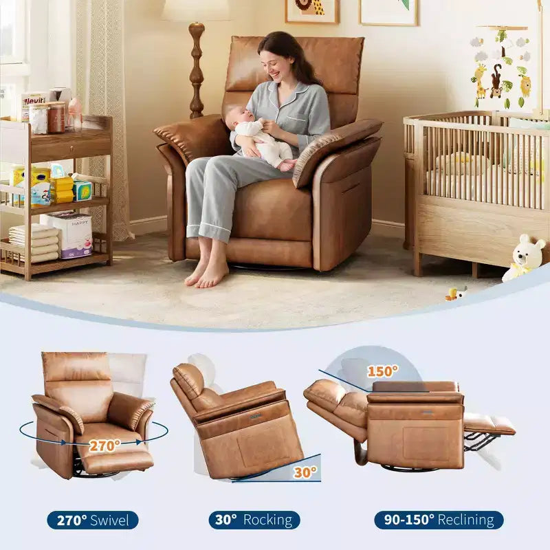 Sillón Reclinable, Silla Mecedora Giratoria 360° para Guardería con Apoyabrazos Acolchados y Asiento Profundo, Sillón Reclinable Tapizado en Cuero PU