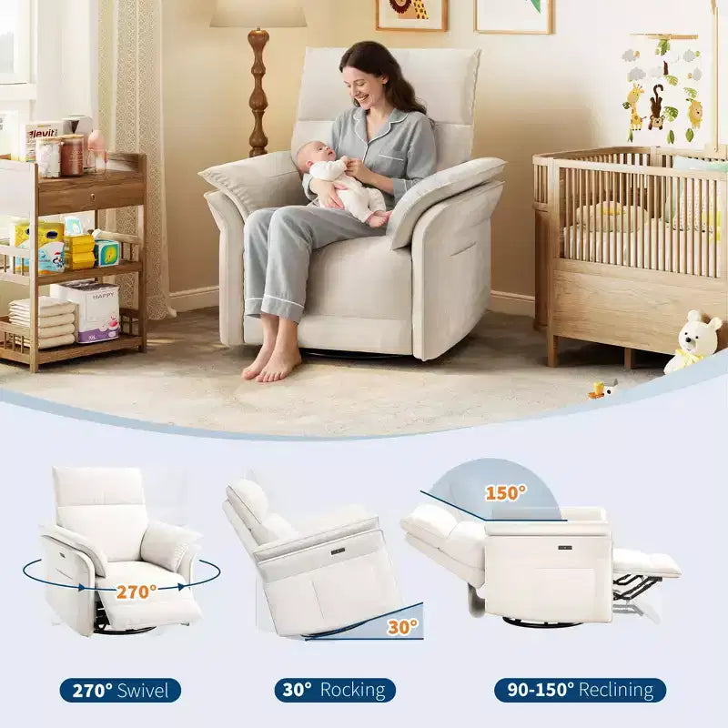 Sillón Reclinable, Silla Mecedora Giratoria 360° para Guardería con Apoyabrazos Acolchados y Asiento Profundo, Sillón Reclinable Tapizado en Cuero PU