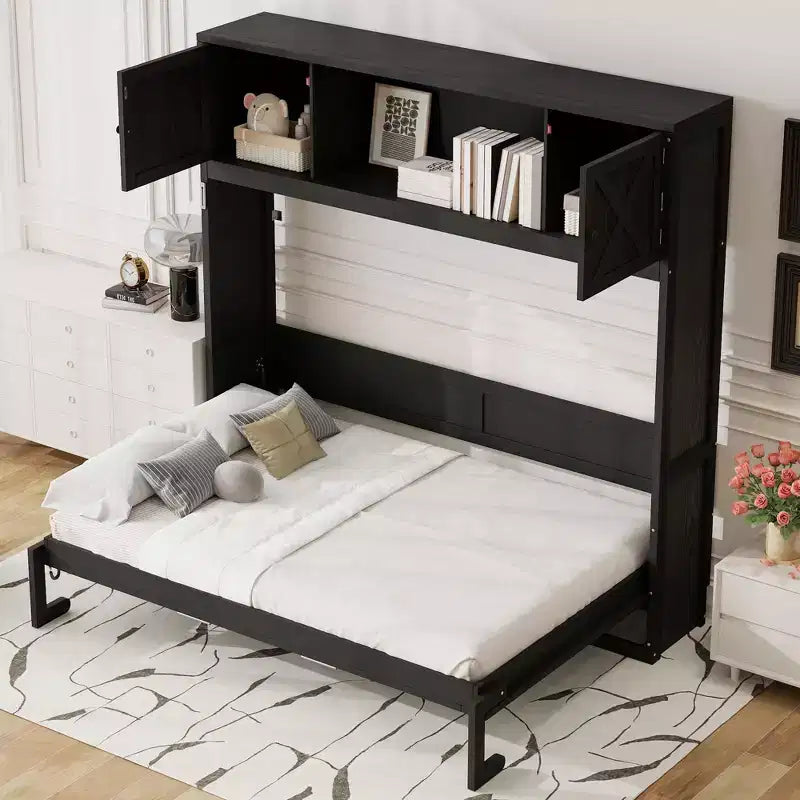 Cama armario Murphy Queen, Cama Murphy tamaño Queen con gabinetes de almacenamiento, Cama de pared de madera Queen, Marco de cama Murphy con arcón