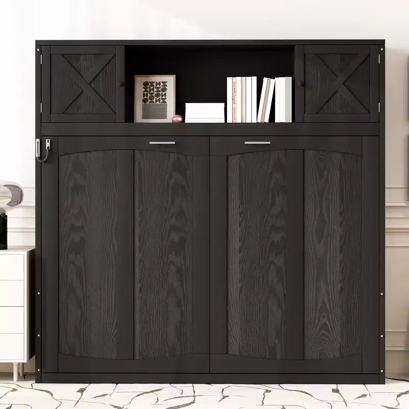 Cama armario Murphy Queen, Cama Murphy tamaño Queen con gabinetes de almacenamiento, Cama de pared de madera Queen, Marco de cama Murphy con arcón
