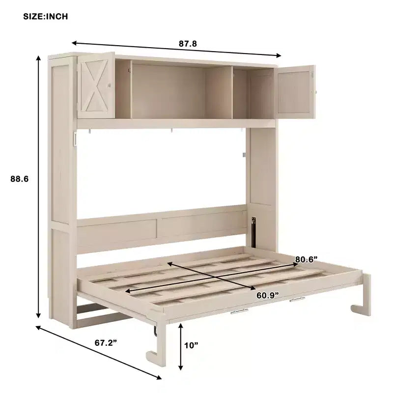 Cama armario Murphy Queen, Cama Murphy tamaño Queen con gabinetes de almacenamiento, Cama de pared de madera Queen, Marco de cama Murphy con arcón