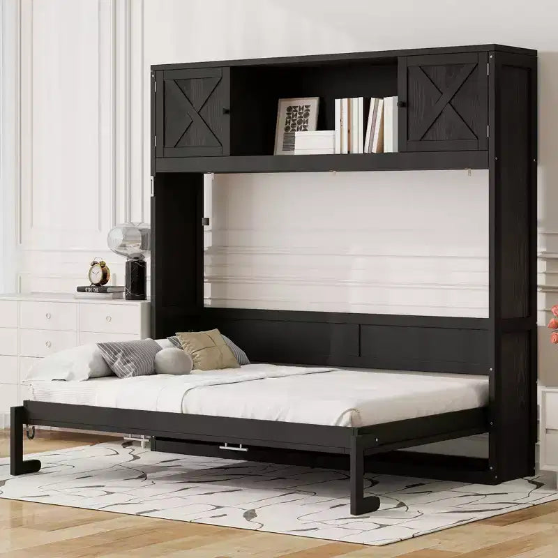 Cama armario Murphy Queen, Cama Murphy tamaño Queen con gabinetes de almacenamiento, Cama de pared de madera Queen, Marco de cama Murphy con arcón