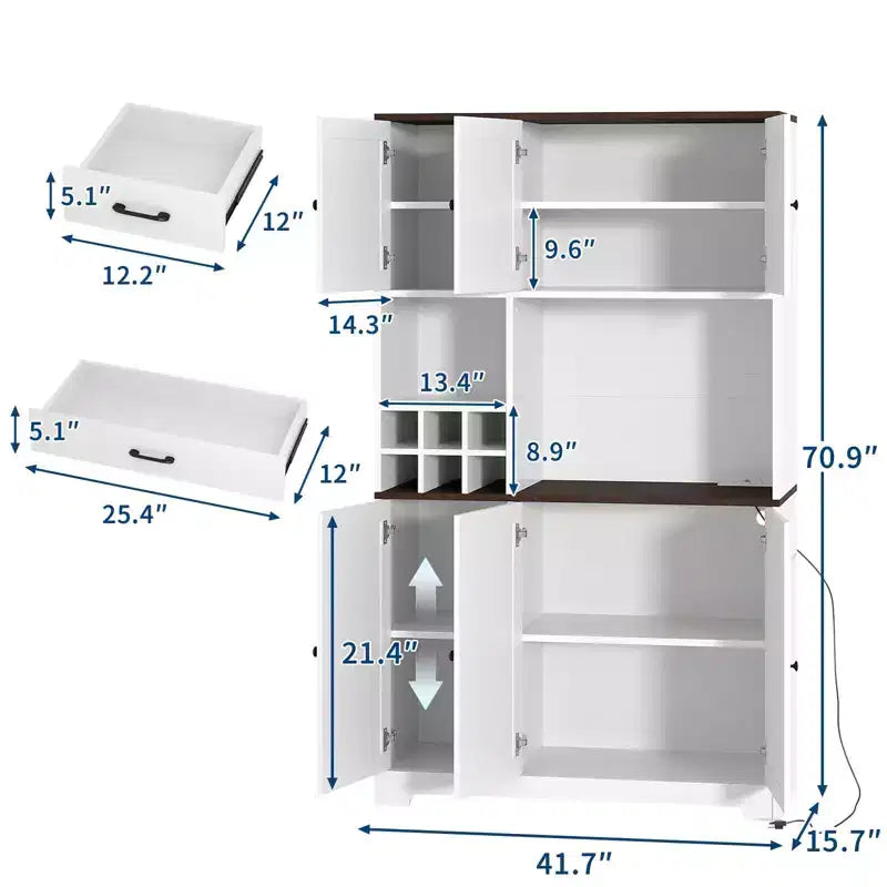 Alacena de Cocina Alta de 71", Aparador Independiente con Soporte para Microondas y Botellero, Mueble Bar de Café de Madera para Sala de Estar Cocina