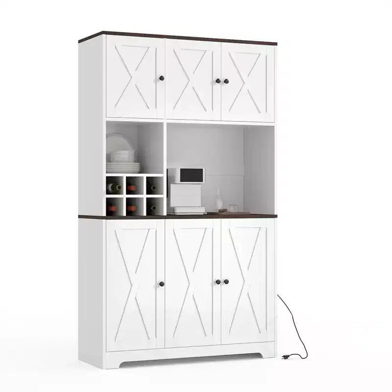 Alacena de Cocina Alta de 71", Aparador Independiente con Soporte para Microondas y Botellero, Mueble Bar de Café de Madera para Sala de Estar Cocina