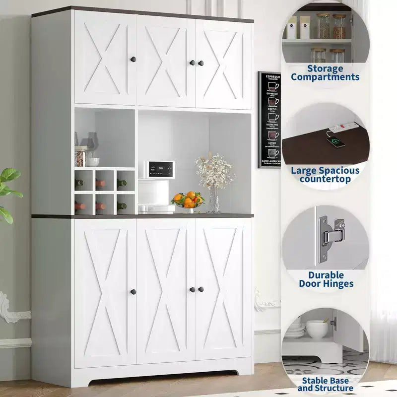 Alacena de Cocina Alta de 71", Aparador Independiente con Soporte para Microondas y Botellero, Mueble Bar de Café de Madera para Sala de Estar Cocina