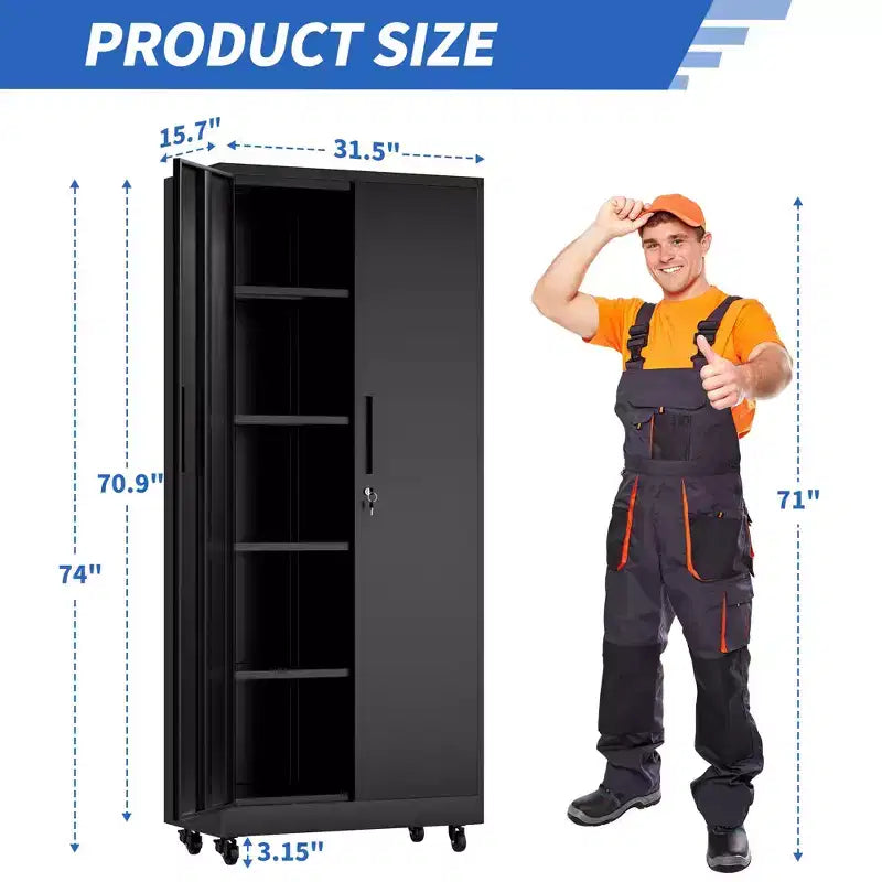 Gabinete de almacenamiento rodante para garaje de 71 pulgadas de alto, gabinete metálico resistente con cerradura y 4 estantes ajustables (organizador de herramientas móvil para taller/oficina)