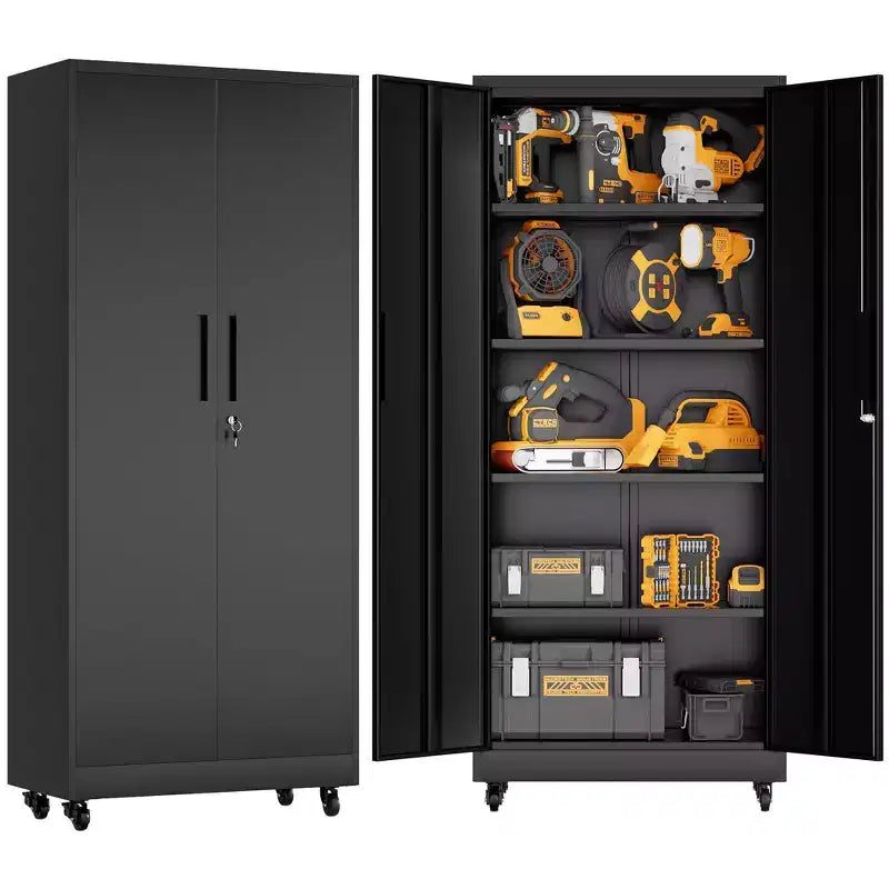 Gabinete de almacenamiento rodante para garaje de 71 pulgadas de alto, gabinete metálico resistente con cerradura y 4 estantes ajustables (organizador de herramientas móvil para taller/oficina)