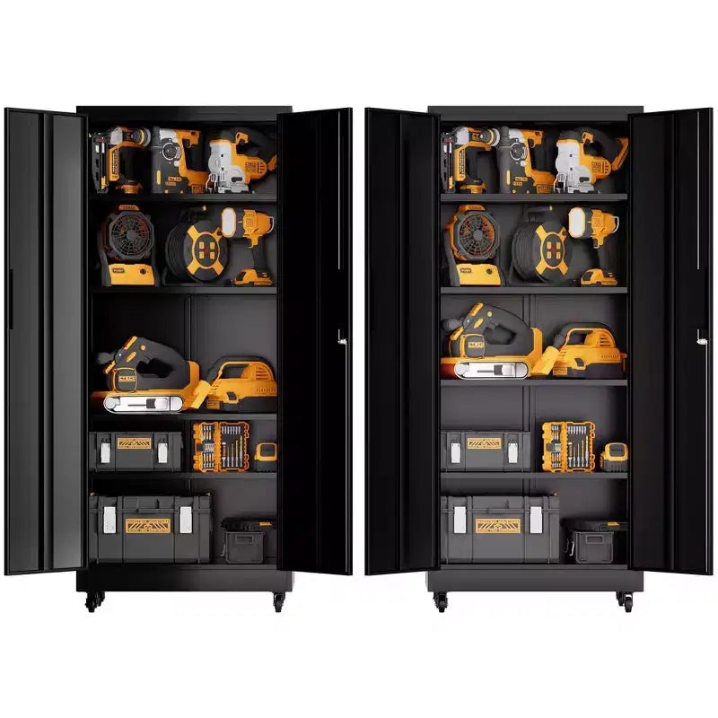 Gabinete de almacenamiento rodante para garaje de 71 pulgadas de alto, gabinete metálico resistente con cerradura y 4 estantes ajustables (organizador de herramientas móvil para taller/oficina)