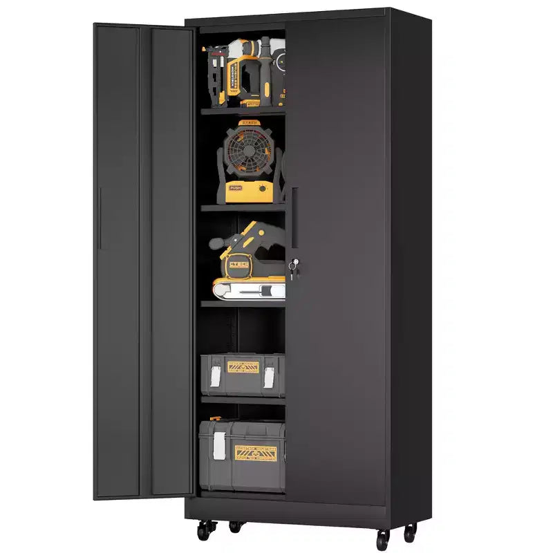 Gabinete de almacenamiento rodante para garaje de 71 pulgadas de alto, gabinete metálico resistente con cerradura y 4 estantes ajustables (organizador de herramientas móvil para taller/oficina)