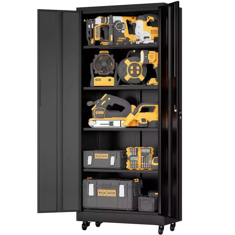 Gabinete de almacenamiento rodante para garaje de 71 pulgadas de alto, gabinete metálico resistente con cerradura y 4 estantes ajustables (organizador de herramientas móvil para taller/oficina)