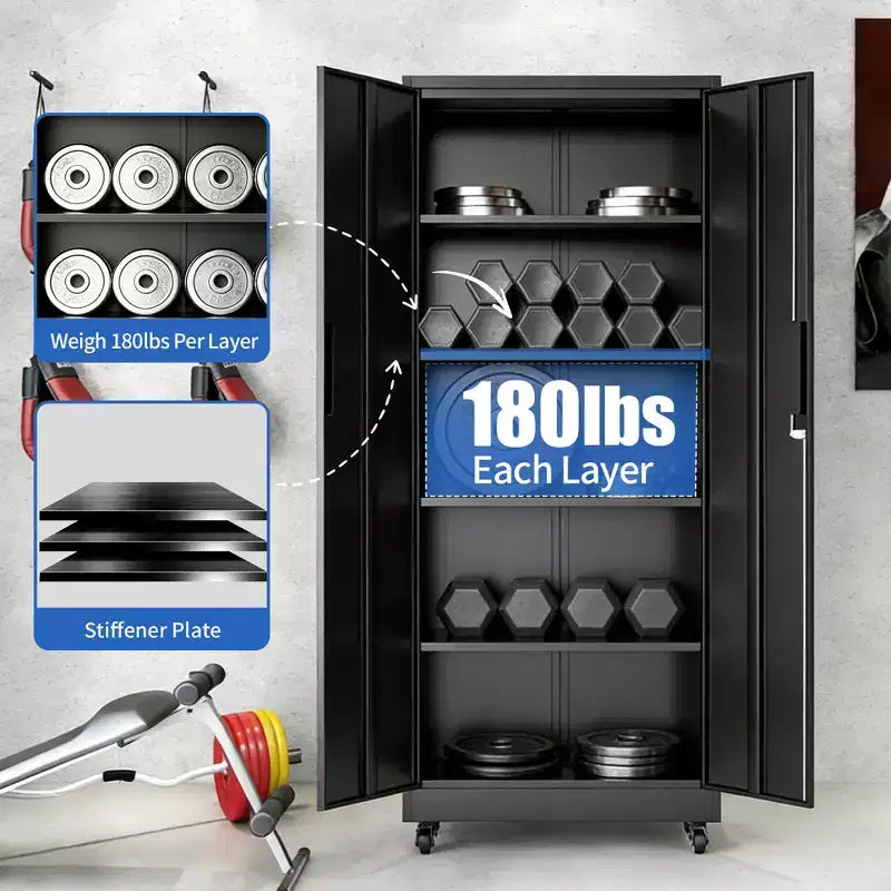 Gabinete de almacenamiento rodante para garaje de 71 pulgadas de alto, gabinete metálico resistente con cerradura y 4 estantes ajustables (organizador de herramientas móvil para taller/oficina)