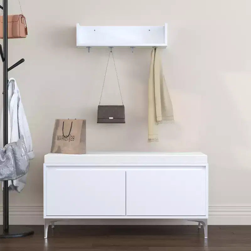 2-Piece Entryway Set: Wall-Mounted Shelf with 4 Hooks + Shoe Storage Bench with Cushion and Double-Door Cabinet, Off White