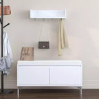 2-Piece Entryway Set: Wall-Mounted Shelf with 4 Hooks + Shoe Storage Bench with Cushion and Double-Door Cabinet, Off White