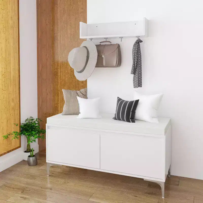 Recibidor de 2 Piezas: Estante de Pared con 4 Ganchos + Banco Zapatero con Cojín y Armario de Doble Puerta, Blanco Roto