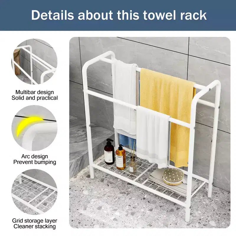 Toallero metálico de 3 niveles, toallero de pie para baño, ahorra espacio con almacenamiento, estante de exhibición para dormitorio, baño, piscina