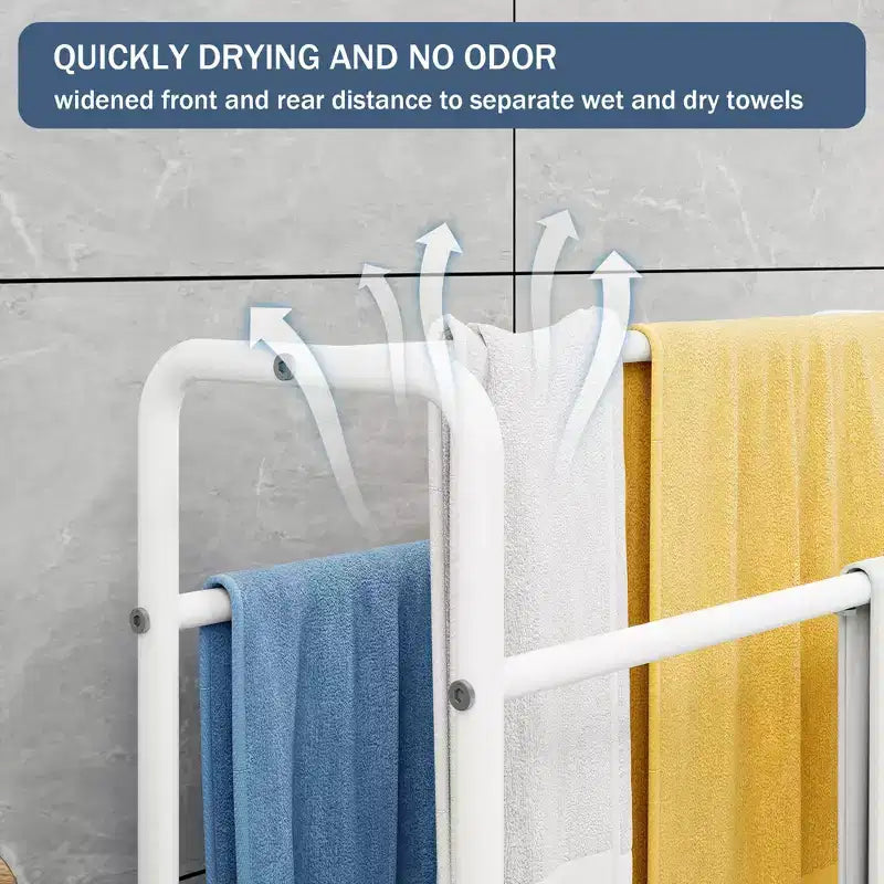 Toallero metálico de 3 niveles, toallero de pie para baño, ahorra espacio con almacenamiento, estante de exhibición para dormitorio, baño, piscina