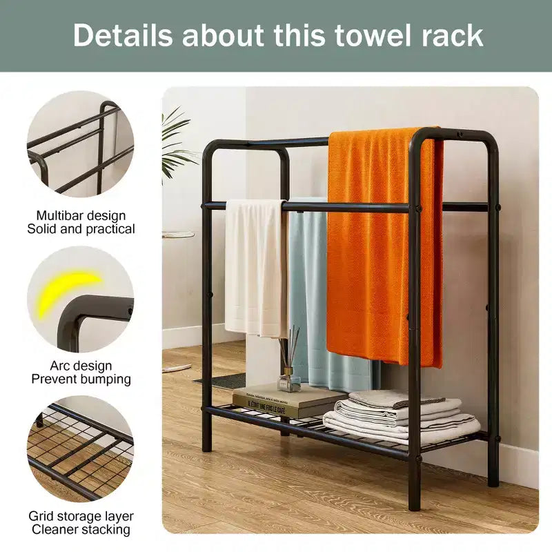 Toallero metálico de 3 niveles, toallero de pie para baño, ahorra espacio con almacenamiento, estante de exhibición para dormitorio, baño, piscina