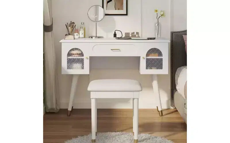JVNOXK Modern Elegant Dressing Chair Set with Storage Rack, Desk, and Charging Ports Carved Bougainvillea Glass Cabinet Doors, White
