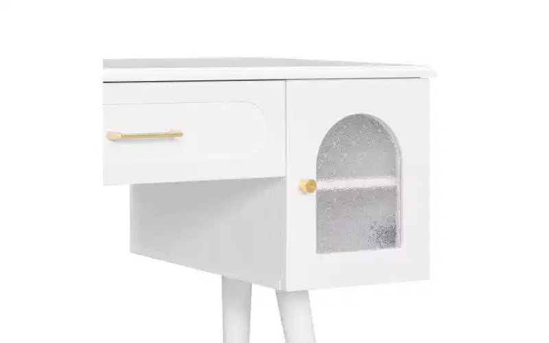 Silla de tocador moderna y elegante con estante de almacenamiento, escritorio y puertos de carga