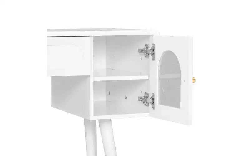 Silla de tocador moderna y elegante con estante de almacenamiento, escritorio y puertos de carga