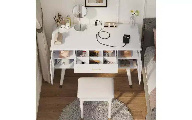 Silla de tocador moderna y elegante con estante de almacenamiento, escritorio y puertos de carga