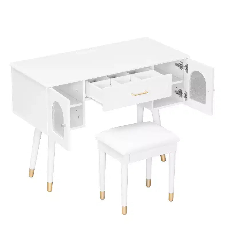Silla de tocador moderna y elegante con estante de almacenamiento, escritorio y puertos de carga