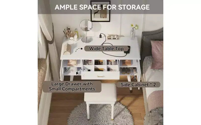 Silla de tocador moderna y elegante con estante de almacenamiento, escritorio y puertos de carga