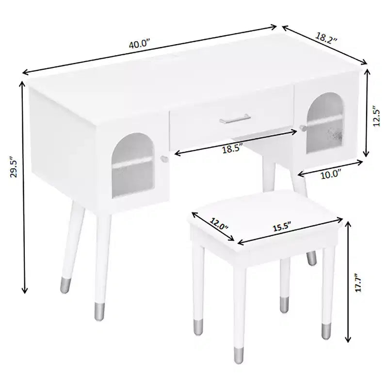 Silla de tocador moderna y elegante con estante de almacenamiento, escritorio y puertos de carga