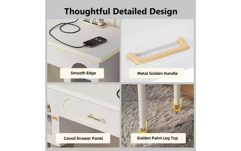 Silla de tocador moderna y elegante con estante de almacenamiento, escritorio y puertos de carga