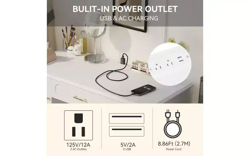 Silla de tocador moderna y elegante con estante de almacenamiento, escritorio y puertos de carga