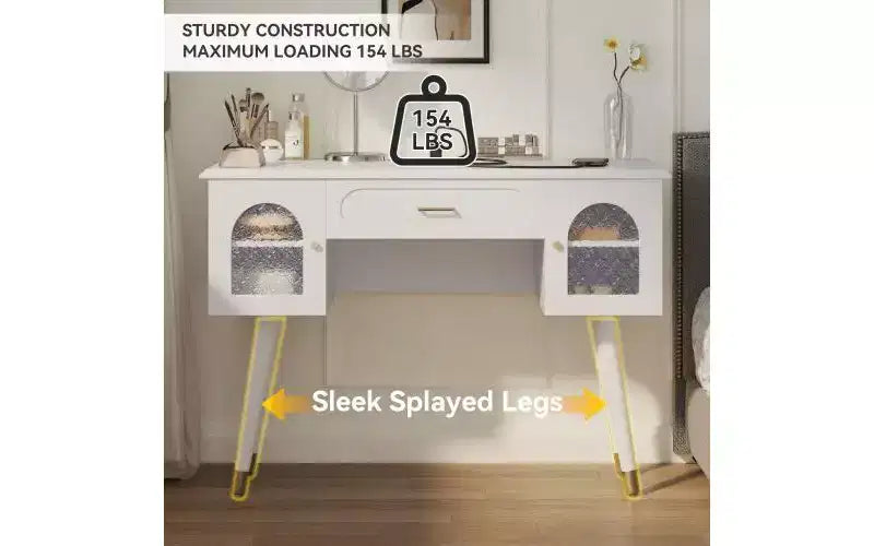 Silla de tocador moderna y elegante con estante de almacenamiento, escritorio y puertos de carga