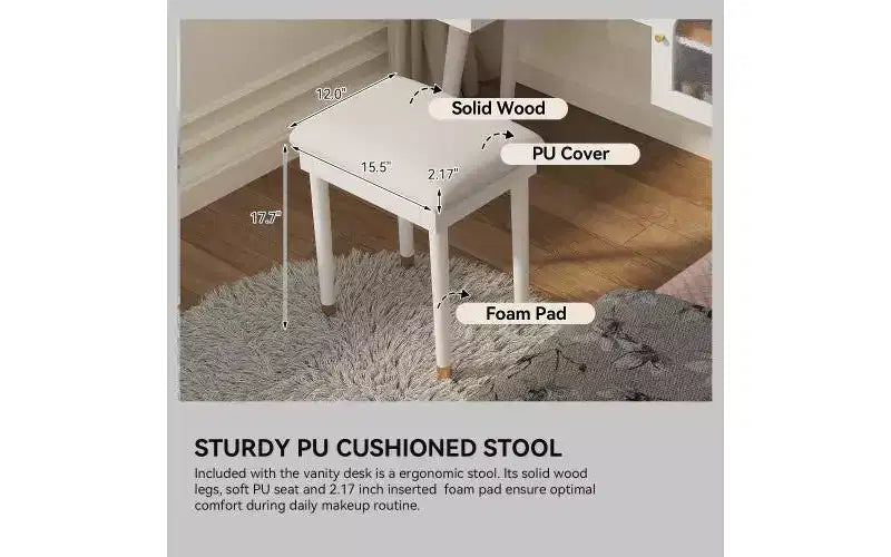 Silla de tocador moderna y elegante con estante de almacenamiento, escritorio y puertos de carga