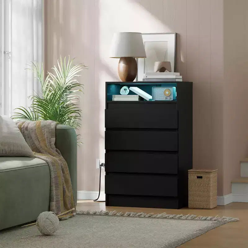 4 Drawer Dresser with Charging Station and Lights, Modern Chest of Drawers, Organizer Cabinet for Bedroom, Living Room, Entryway