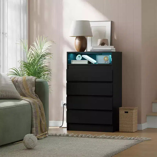 4 Drawer Dresser with Charging Station and Lights, Modern Chest of Drawers, Organizer Cabinet for Bedroom, Living Room, Entryway