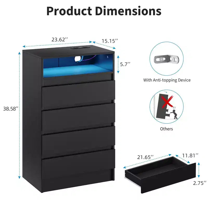 Cómoda de 4 cajones con estación de carga y luces, cómoda moderna, mueble organizador para dormitorio, sala de estar, recibidor