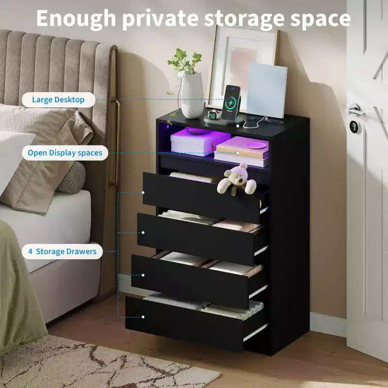 Cómoda de 4 cajones con estación de carga y luces, cómoda moderna, mueble organizador para dormitorio, sala de estar, recibidor