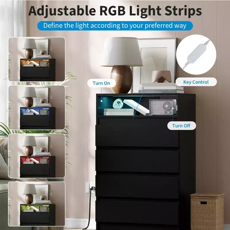 Cómoda de 4 cajones con estación de carga y luces, cómoda moderna, mueble organizador para dormitorio, sala de estar, recibidor