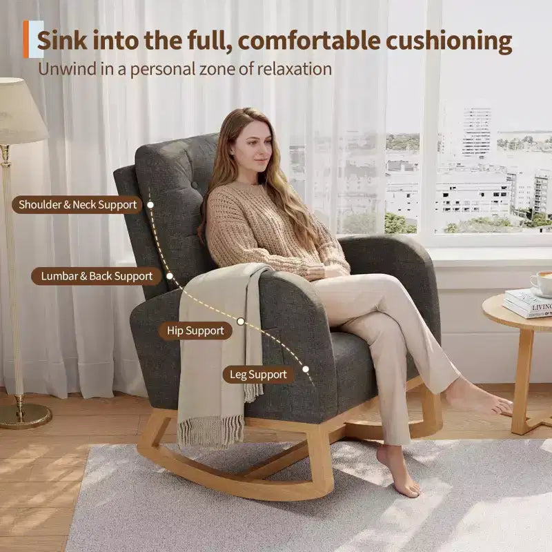 Moderna mecedora para guardería, mecedora tapizada con bolsillo lateral y patas de madera, cómoda mecedora para sala de estar, dormitorio