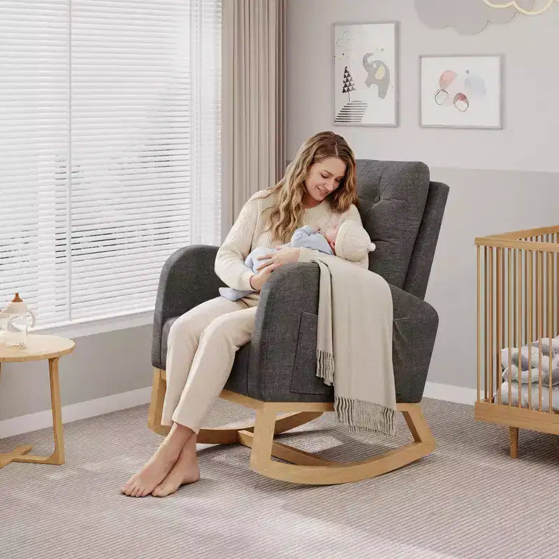 Moderna mecedora para guardería, mecedora tapizada con bolsillo lateral y patas de madera, cómoda mecedora para sala de estar, dormitorio