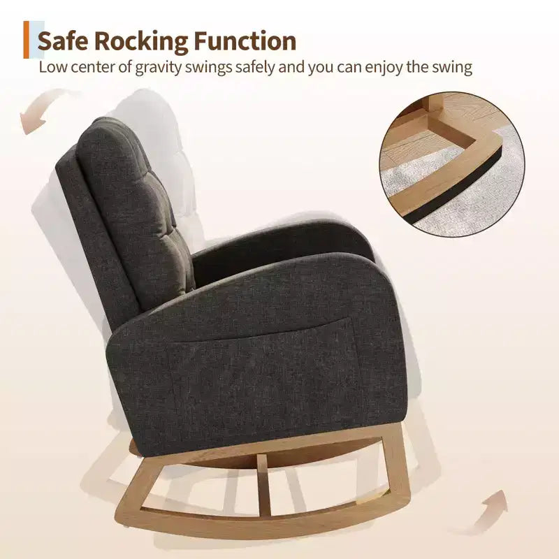 Moderna mecedora para guardería, mecedora tapizada con bolsillo lateral y patas de madera, cómoda mecedora para sala de estar, dormitorio