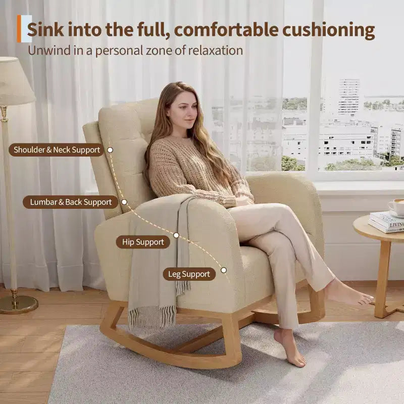 Moderna mecedora para guardería, mecedora tapizada con bolsillo lateral y patas de madera, cómoda mecedora para sala de estar, dormitorio