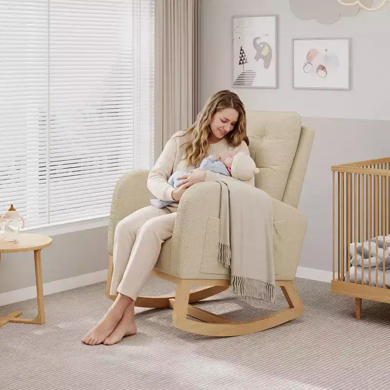 Moderna mecedora para guardería, mecedora tapizada con bolsillo lateral y patas de madera, cómoda mecedora para sala de estar, dormitorio