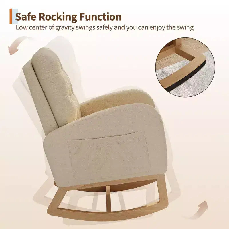 Moderna mecedora para guardería, mecedora tapizada con bolsillo lateral y patas de madera, cómoda mecedora para sala de estar, dormitorio