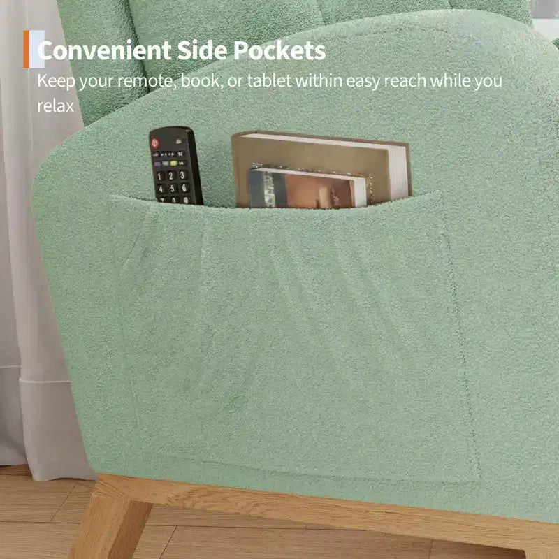 Moderna mecedora para guardería, mecedora tapizada con bolsillo lateral y patas de madera, cómoda mecedora para sala de estar, dormitorio