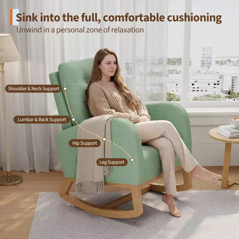 Moderna mecedora para guardería, mecedora tapizada con bolsillo lateral y patas de madera, cómoda mecedora para sala de estar, dormitorio