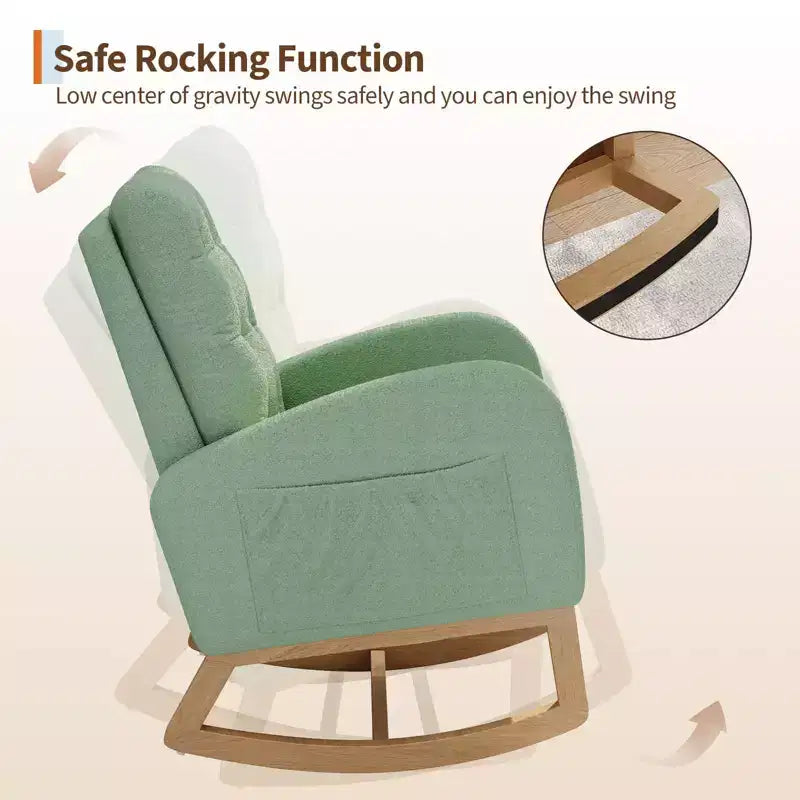 Moderna mecedora para guardería, mecedora tapizada con bolsillo lateral y patas de madera, cómoda mecedora para sala de estar, dormitorio