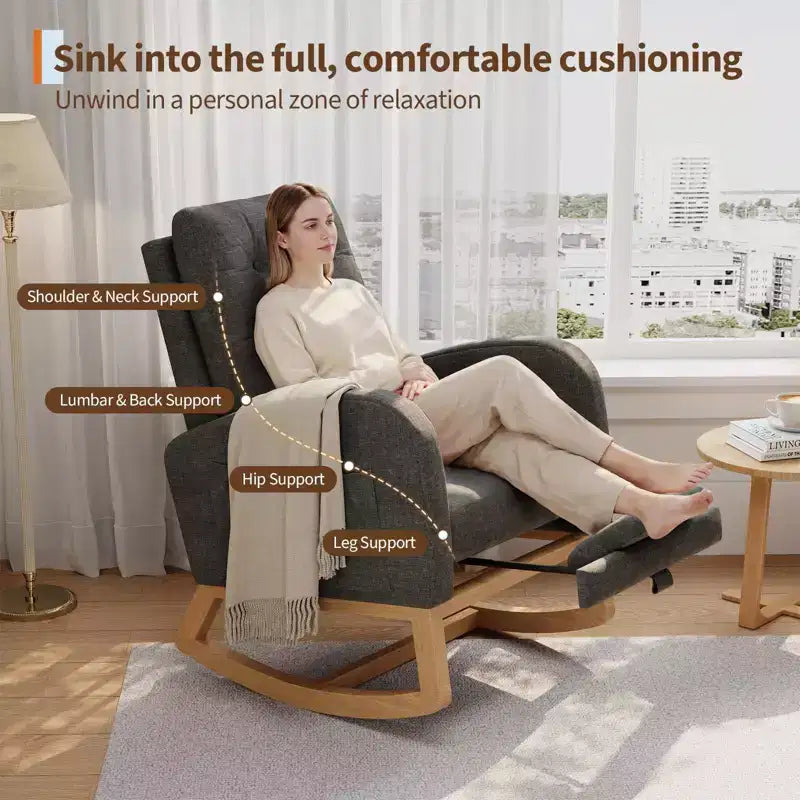 Moderna mecedora para guardería, mecedora tapizada con bolsillo lateral y patas de madera, cómoda mecedora para sala de estar, dormitorio
