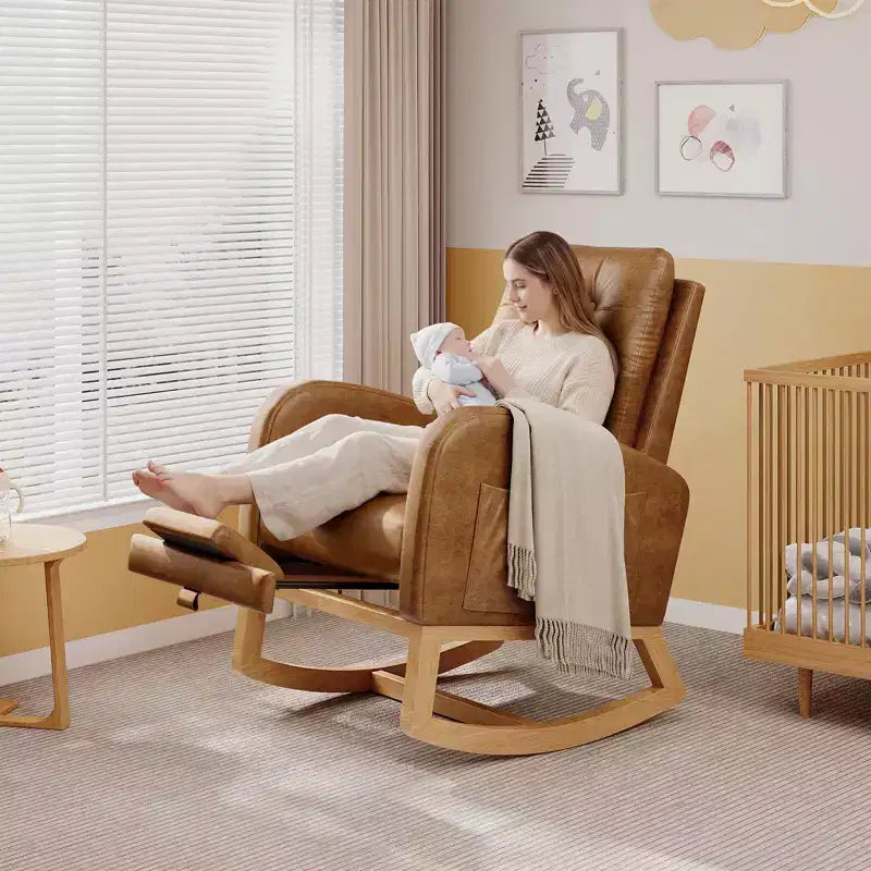 Moderna mecedora para guardería, mecedora tapizada con bolsillo lateral y patas de madera, cómoda mecedora para sala de estar, dormitorio